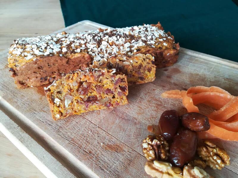 Carrot bread with dates, walnuts, and shredded coconut.