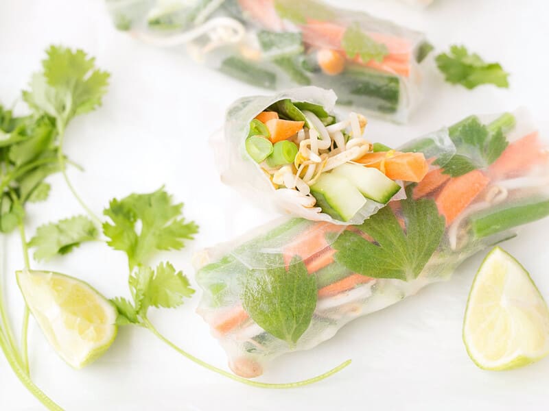 Fresh springroll with sprouts, cucumber, carrot and spring onion. 