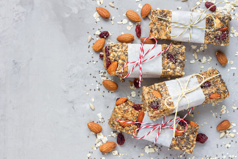 Energy oatmeal bars wrapped with bows and almonds.