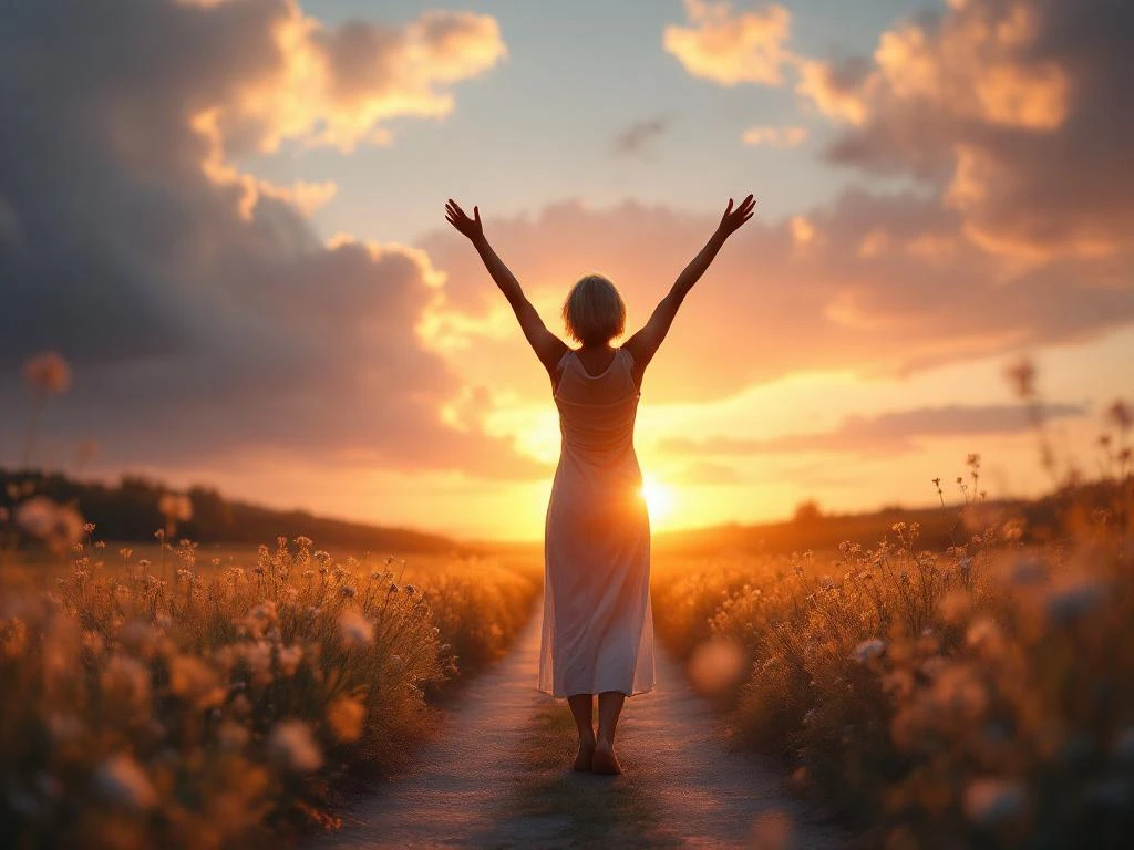 Woman welcoming the sunrise, symbolising a new stage of life