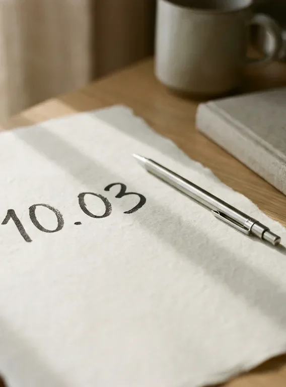 Handgeschreven cijfers "10.03" op papier naast een mechanisch potlood, zacht natuurlijk licht, minimalistisch en rustig.