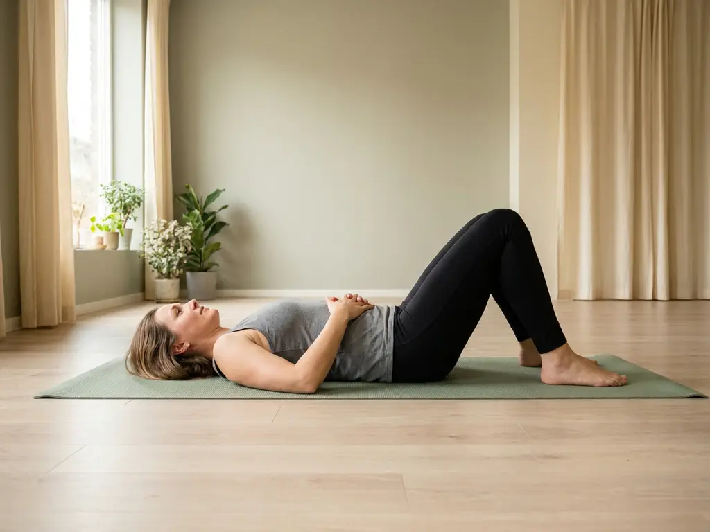 Vrouw op yogamat oefent zachte core revalidatie met gebogen knieën en handen op onderbuik in minimalistisch studio.