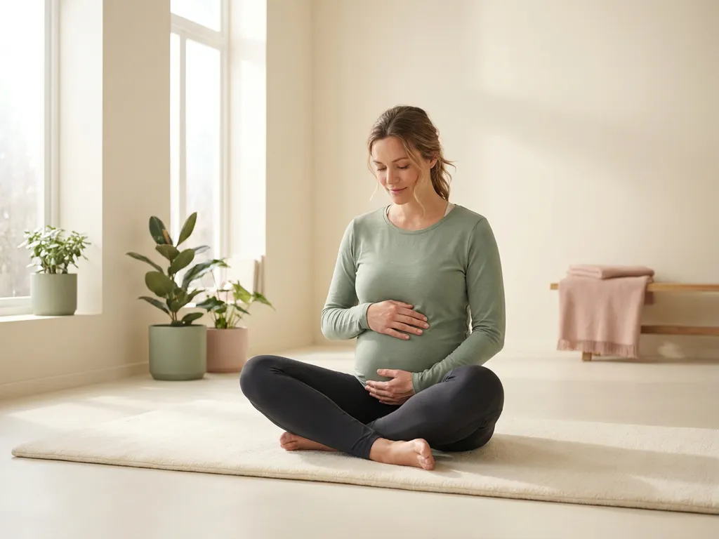 Zwangere vrouw in sportieve kleding zit gekruisbeens op yogamat met handen op buik, in rustig verlicht minimalistische studio.