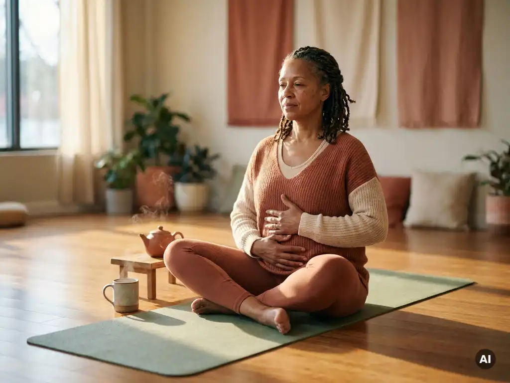 Vrouw houdt handen op buik in wellness studio met kruidenthee en saliegroen yogamat.