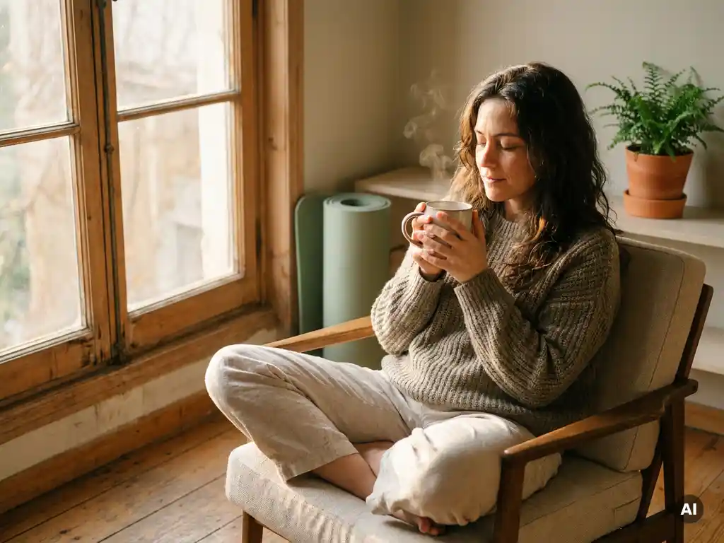 Vrouw geniet van kruidenthee bij zonnig raam, yogamat en plant op achtergrond, rustige ochtendsfeer.