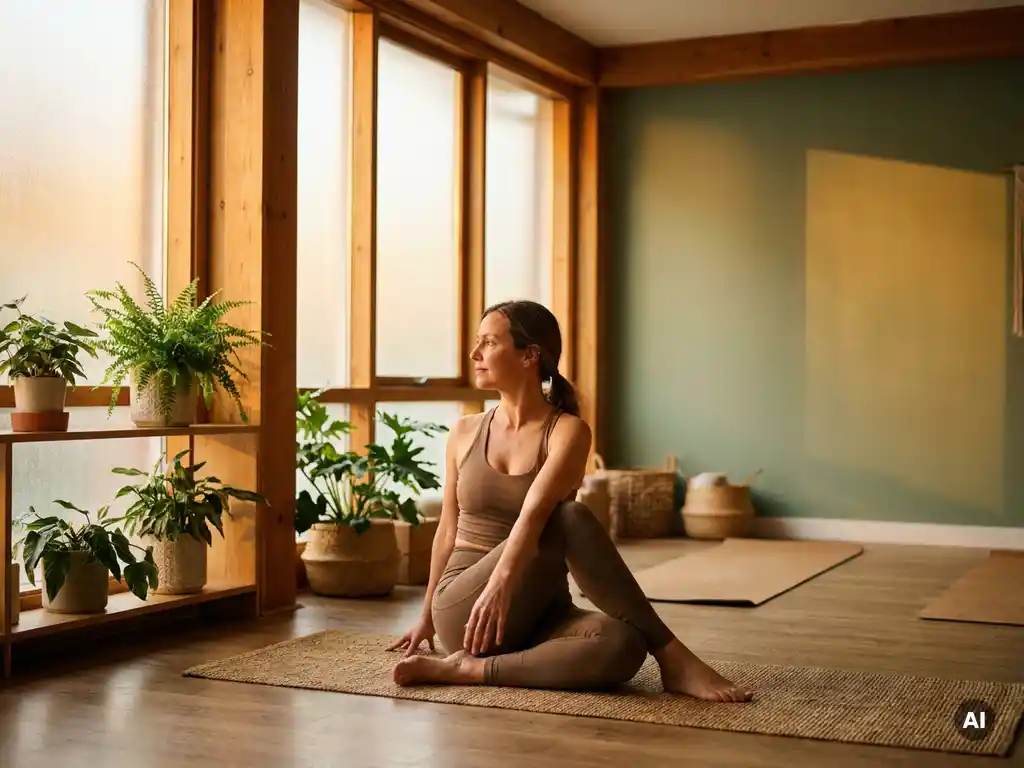 Vrouw van in de veertig in rustige yogastretch op mat in boetiekstudio met gouden licht, houten accenten en groene planten.